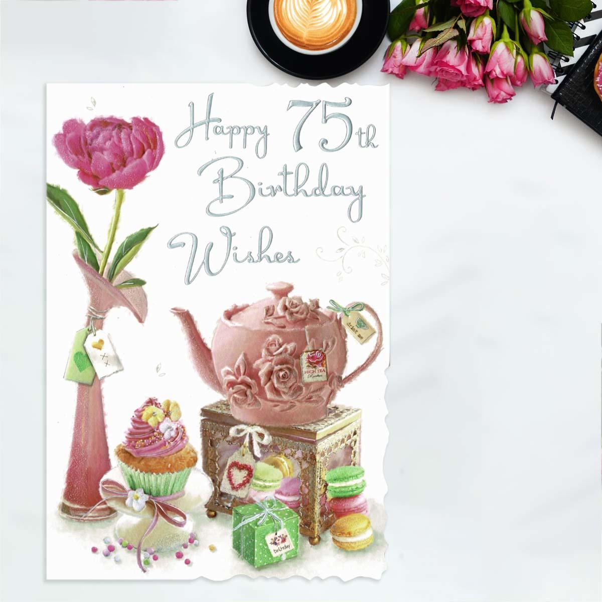 Happy 75th Birthday Wishes Pink Teapot Card – The Celebration Store